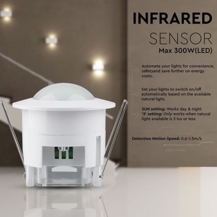 Rörelsesensor infälld PIR 360° 300W/230V vit