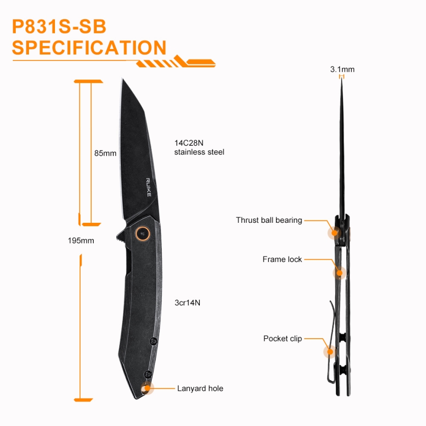 Ruike RUP831SSB - vikbar kompakt kniv 19,5 cm svart