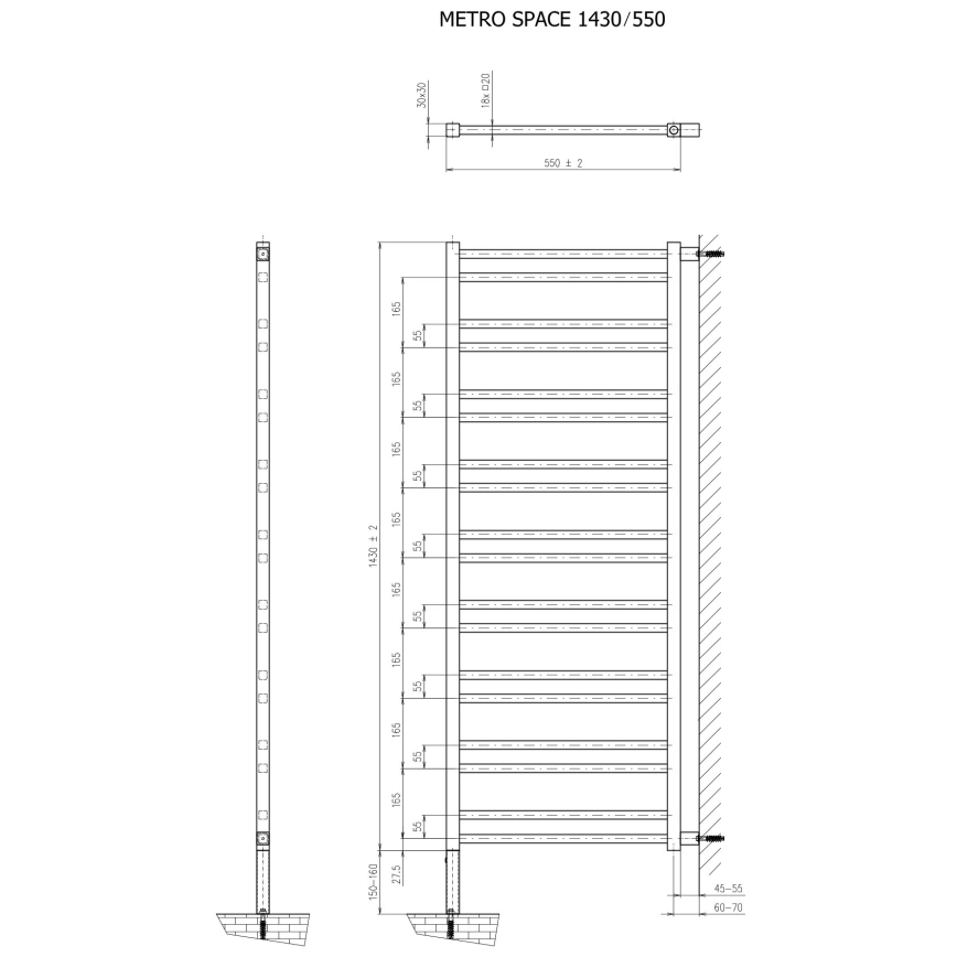 Sapho - Badrumsradiator METRO SPACE 525W 55x143 cm matt svart