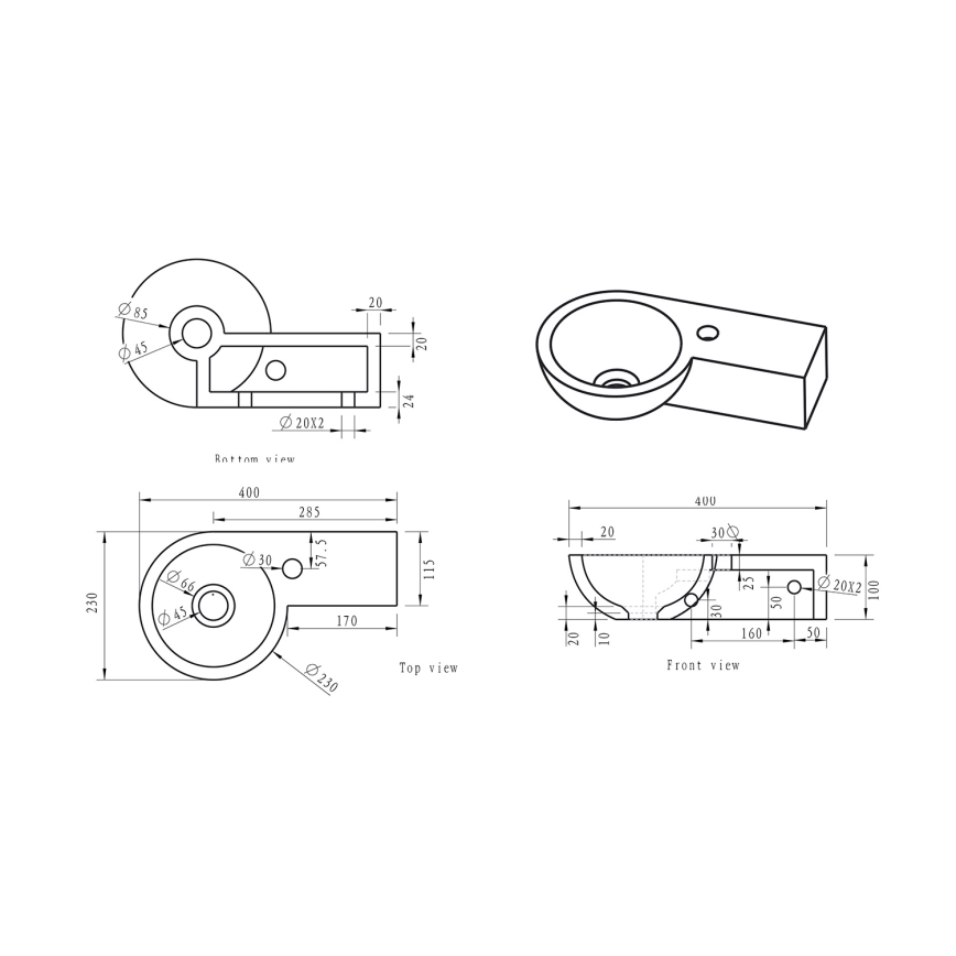 Sapho - Hörnmonterat handfat BLOK 40x23 cm höger/antracit