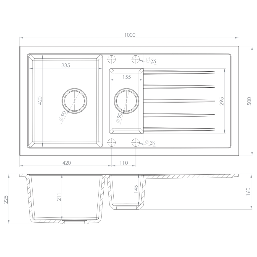 Sapho - Köksdiskho 100x50 cm granit/svart