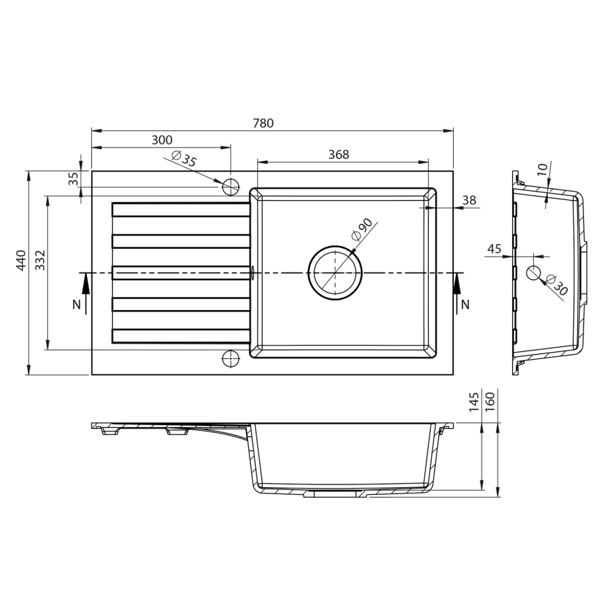 Sapho - Köksdiskho 78x44 cm granit/vit