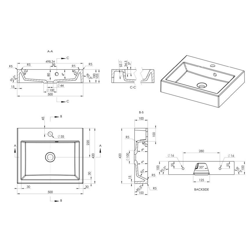 Sapho - Tvättställ för bänkskiva ORINOKO 50x42 cm marmor/vit