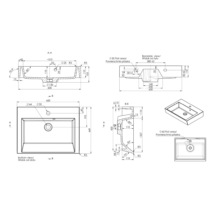 Sapho - Tvättställ för bänkskiva ORINOKO 60x45 cm marmor/vit