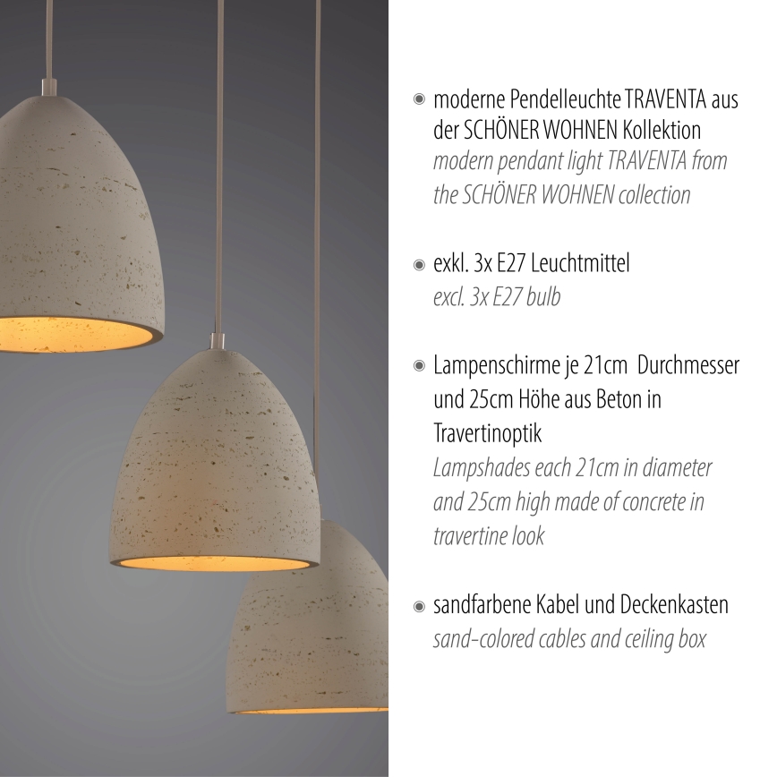 Schöner Wohnen 12541-42 - Pendellampa med sladd TRAVENTA 3xE27/40W/230V betong
