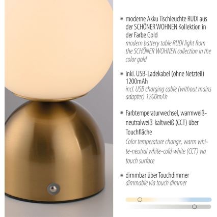 Schöner Wohnen 19218-12 - LED dimmbar beröringsstyrd uppladdningsbar bordslampa RUDI LED/1,2W/5V 3000-6000K 1200 mAh guld