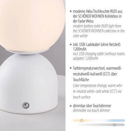 Schöner Wohnen 19218-16 - RUDI LED-dimbar bordslampa med touchstyrning och uppladdning LED/1,2W/5V 3000-6000K 1200 mAh vit