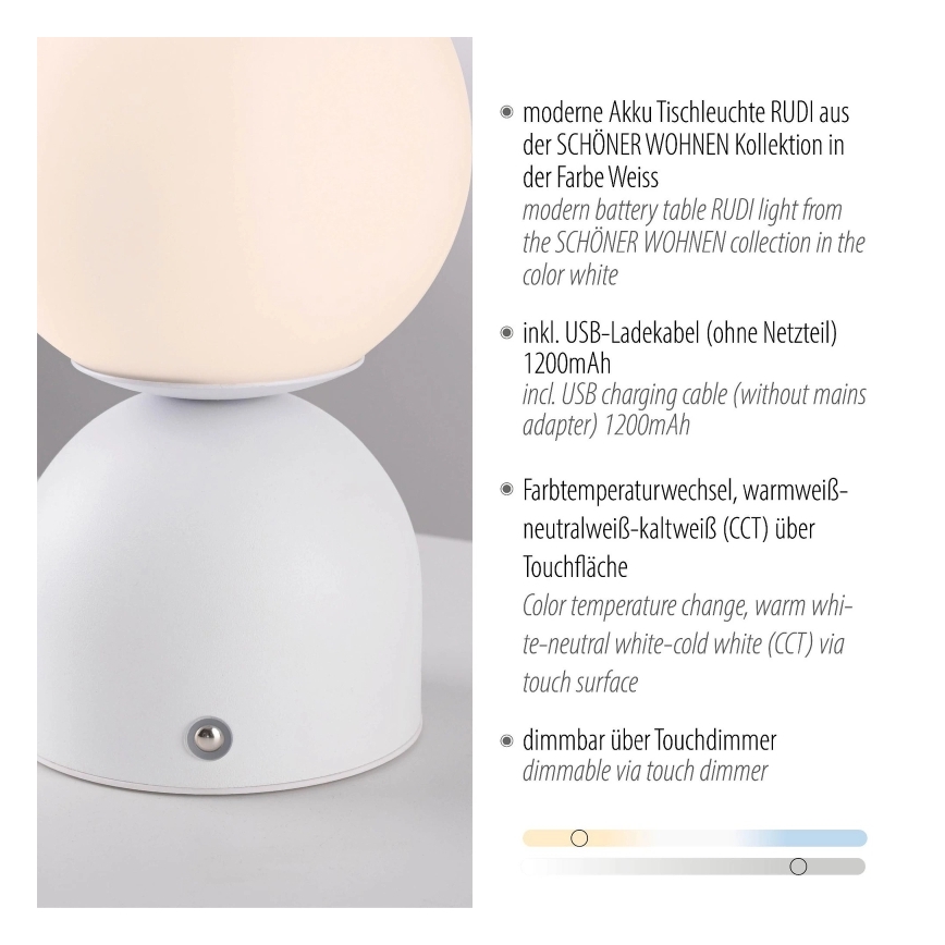Schöner Wohnen 19218-16 - RUDI LED-dimbar bordslampa med touchstyrning och uppladdning LED/1,2W/5V 3000-6000K 1200 mAh vit