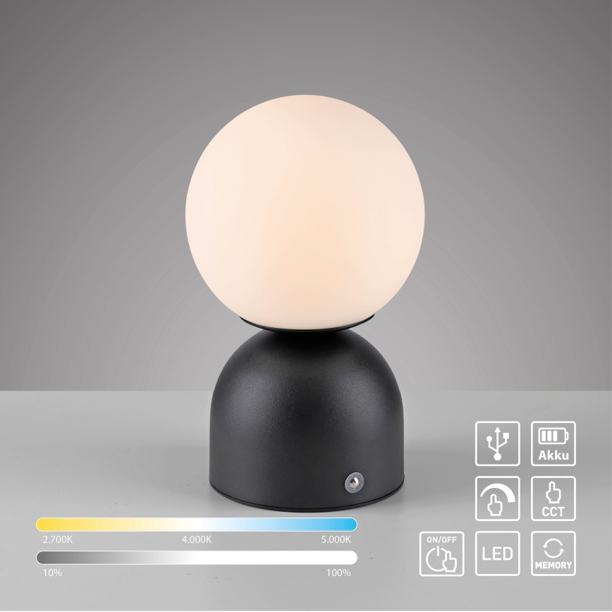 Schöner Wohnen 19218-18 - RUDI LED-uppladdningsbar bordslampa, dimbar med touch, LED/1,2W/5V 3000-6000K 1200 mAh, svart