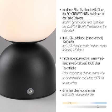 Schöner Wohnen 19218-18 - RUDI LED-uppladdningsbar bordslampa, dimbar med touch, LED/1,2W/5V 3000-6000K 1200 mAh, svart