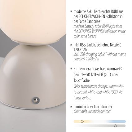 Schöner Wohnen 19218-39 - Dimbara, beröringsstyrda, uppladdningsbara bordslampa RUDI LED/1,2W/5V 3000-6000K 1200 mAh grå