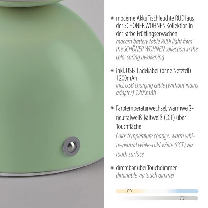 Schöner Wohnen 19218-43 - Dimmbar, beröringsstyrd, uppladdningsbar bordslampa RUDI LED/1,2W/5V 3000-6000K 1200 mAh grön
