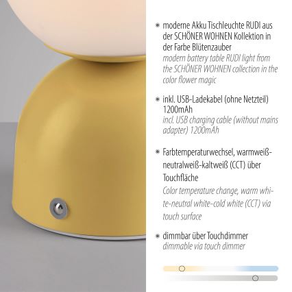 Schöner Wohnen 19218-81 - LED dimbar touchstyrd uppladdningsbar bordslampa RUDI LED/1,2W/5V 3000-6000K 1200 mAh gul