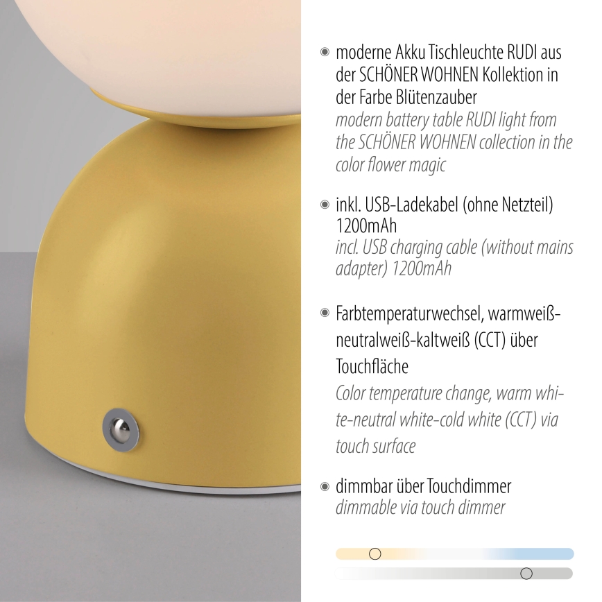 Schöner Wohnen 19218-81 - LED dimbar touchstyrd uppladdningsbar bordslampa RUDI LED/1,2W/5V 3000-6000K 1200 mAh gul