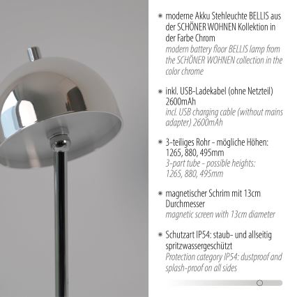 Schöner Wohnen 19245-17 - LED dimbar, beröringsstyrd, uppladdningsbar golvlampa för utomhusbruk BELLIS LED/2,5W/5V 2600 mAh IP54 blank krom