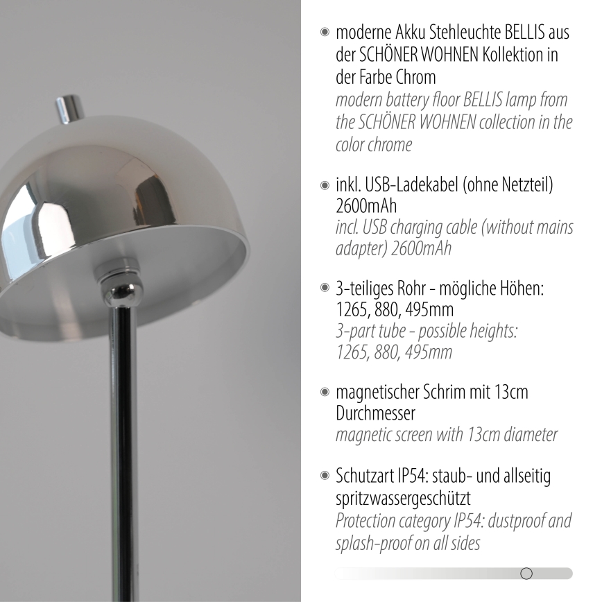 Schöner Wohnen 19245-17 - LED dimbar, beröringsstyrd, uppladdningsbar golvlampa för utomhusbruk BELLIS LED/2,5W/5V 2600 mAh IP54 blank krom
