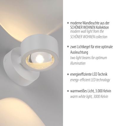 Schöner Wohnen 19331-16 - LED-vägglampa CHIA 2xLED/2W/230V vit