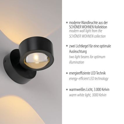 Schöner Wohnen 19331-18 - LED vägglampa CHIA 2xLED/2W/230V svart