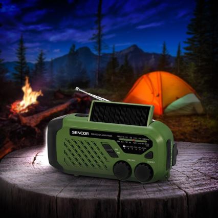 Sencor - Campingradio med vev, solpanel och LED-ficklampa, 5V/2000 mAh, IPX4, grön