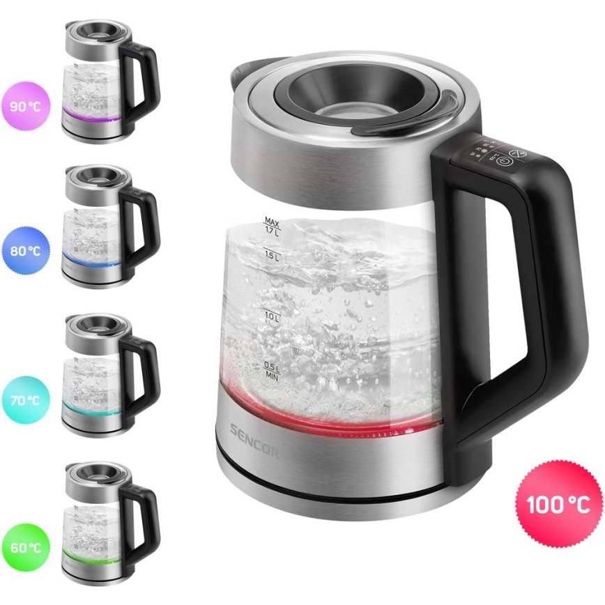 Sencor - Elektrisk vattenkokare med temperaturreglering 1,7 l 2200W/230V matt krom/svart