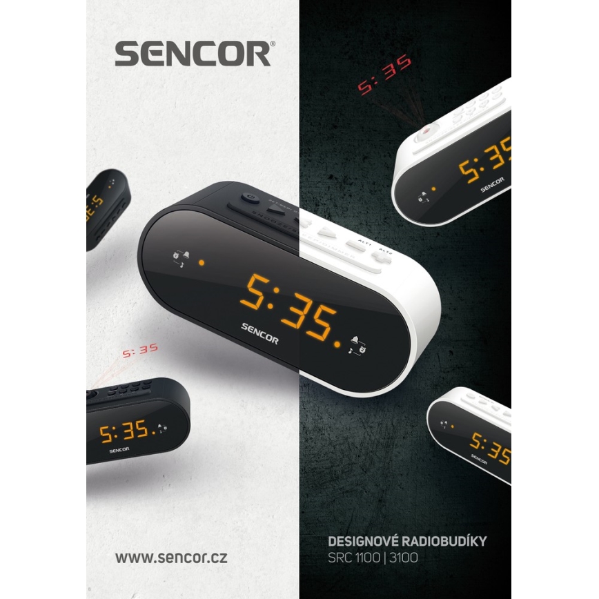 Sencor - klockradio med LED display och projektor 5W/230V 1xCR2032 vit