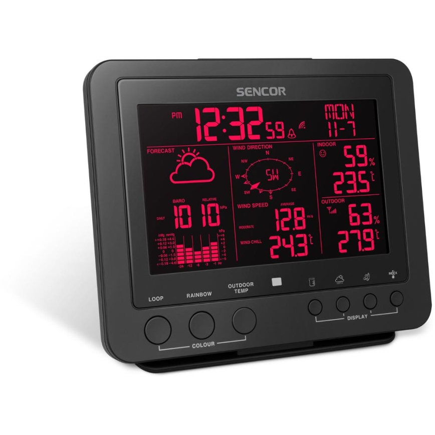 Sencor - Professionell väderstation med färgglad LCD-skärm 5V/1xCR2032 + 3xAA