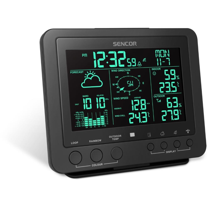 Sencor - Professionell väderstation med färgglad LCD-skärm 5V/1xCR2032 + 3xAA