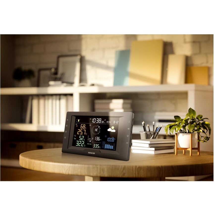 Sencor - Professionell väderstation med färgad LCD-display och väckarklocka 5V/1xCR2032 + 3xAA