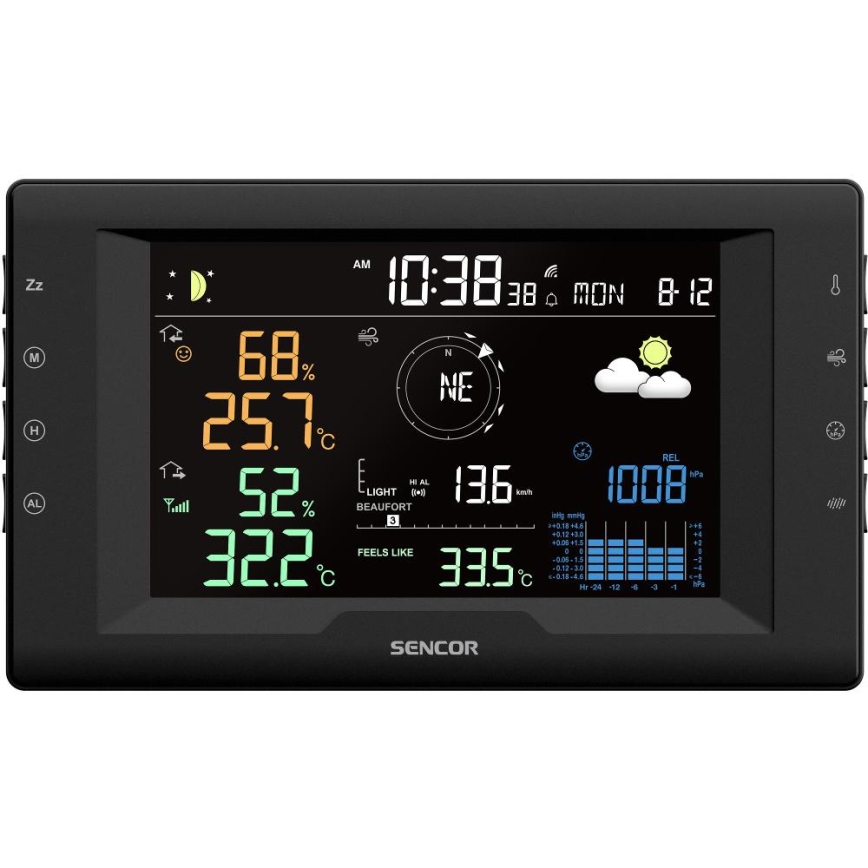 Sencor - Professionell väderstation med färgad LCD-display och väckarklocka 5V/1xCR2032 + 3xAA