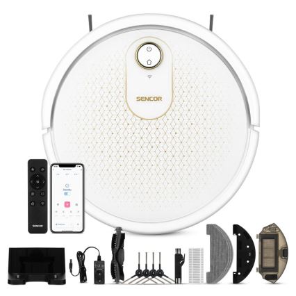 Sencor - Smart robotdammsugare med mop 2-i-1 28W/2600 mAh Wi-Fi vit + fjärrkontroll