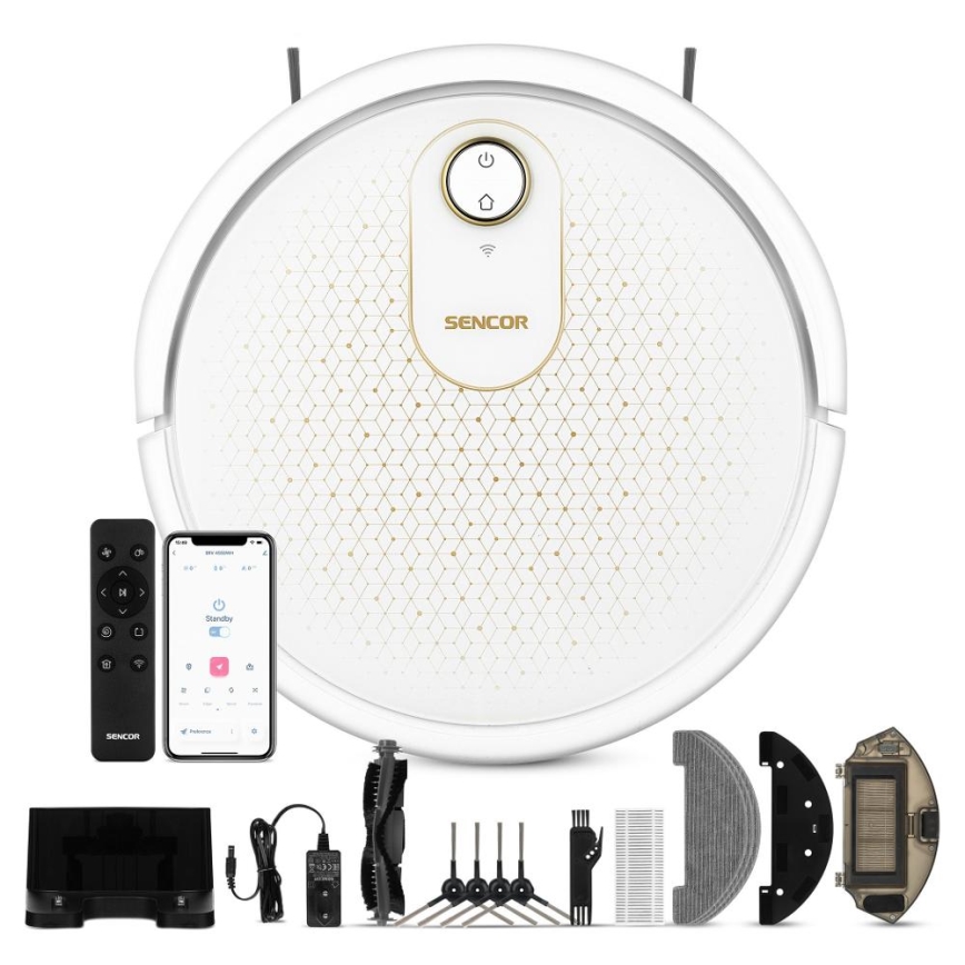 Sencor - Smart robotdammsugare med mop 2-i-1 28W/2600 mAh Wi-Fi vit + fjärrkontroll
