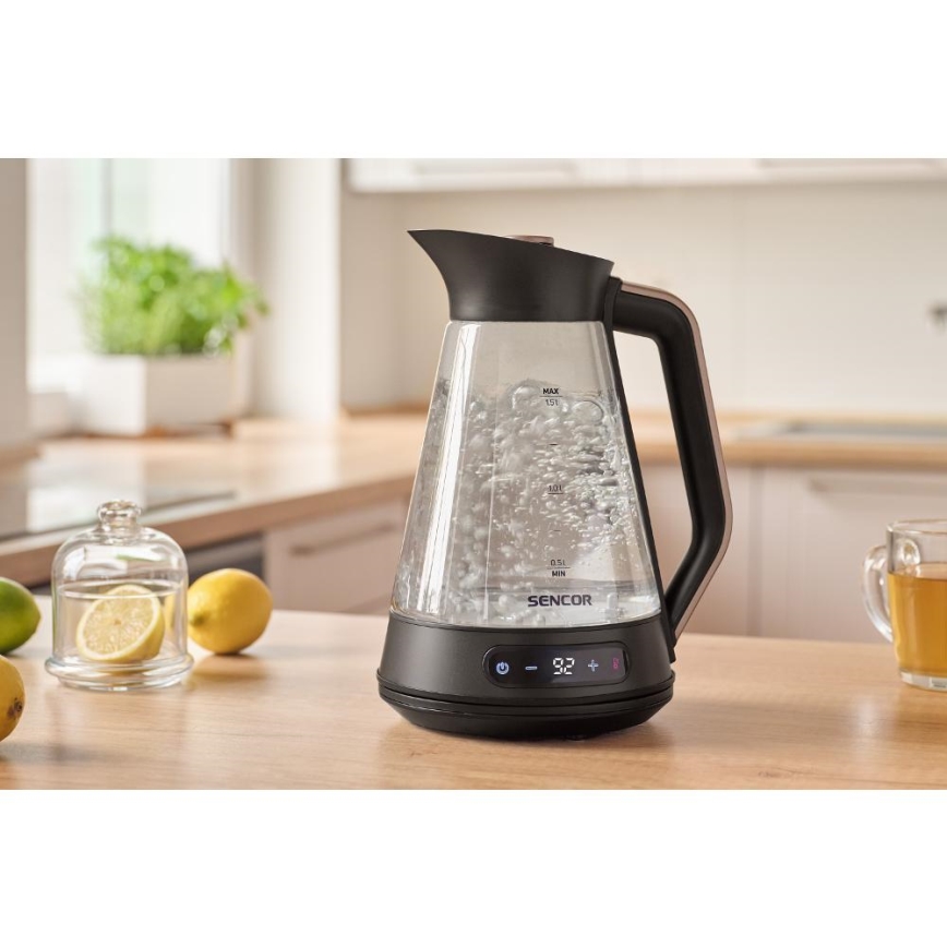 Sencor - Snabb vattenkokare med temperaturreglering 1,5 l 2150W/230V svart/roséguld