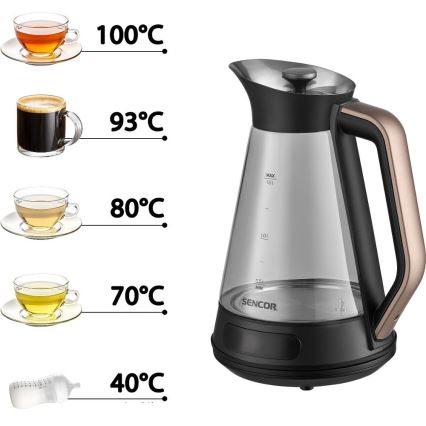 Sencor - Snabb vattenkokare med temperaturreglering 1,5 l 2150W/230V svart/roséguld