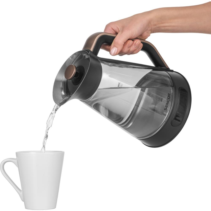 Sencor - Snabb vattenkokare med temperaturreglering 1,5 l 2150W/230V svart/roséguld