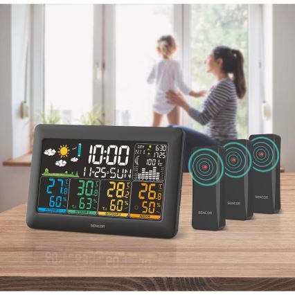 Sencor - Väderstation med färg-LCD-display + 3 sensorer 3xAA + 6xAA svart