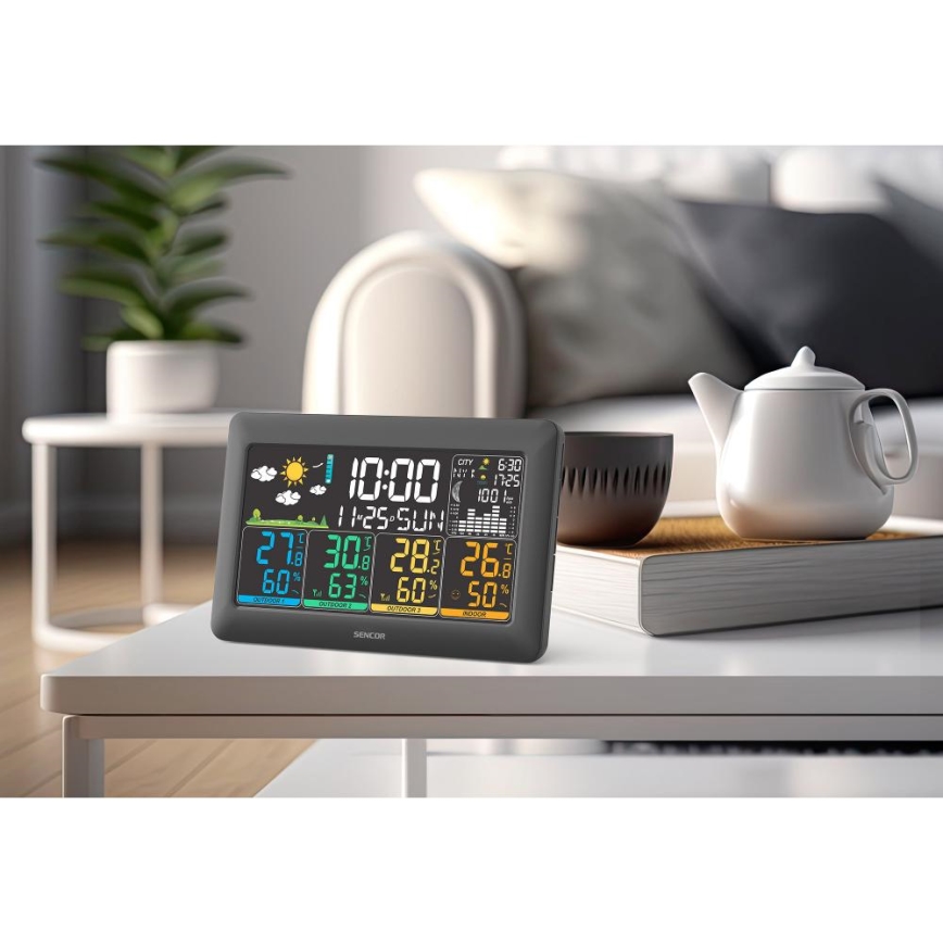Sencor - Väderstation med färg-LCD-display + 3 sensorer 3xAA + 6xAA svart