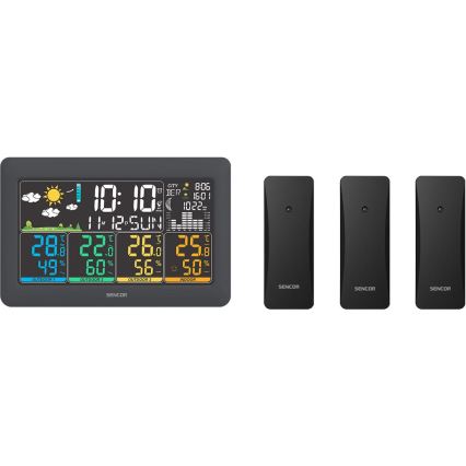 Sencor - Väderstation med färg-LCD-display + 3 sensorer 3xAA + 6xAA svart