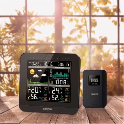 Sencor - Väderstation med LCD-skärm i färg och väckarklocka 3xAAA + 2x AA svart