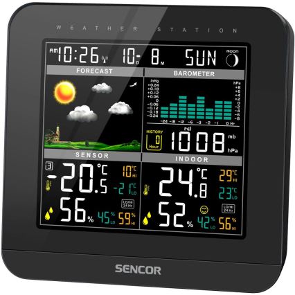 Sencor - Väderstation med LCD-skärm i färg och väckarklocka 3xAAA + 2x AA svart