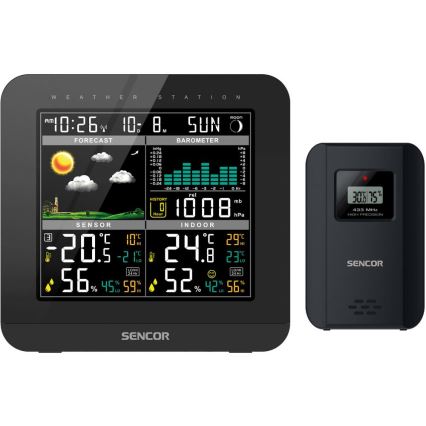 Sencor - Väderstation med LCD-skärm i färg och väckarklocka 3xAAA + 2x AA svart