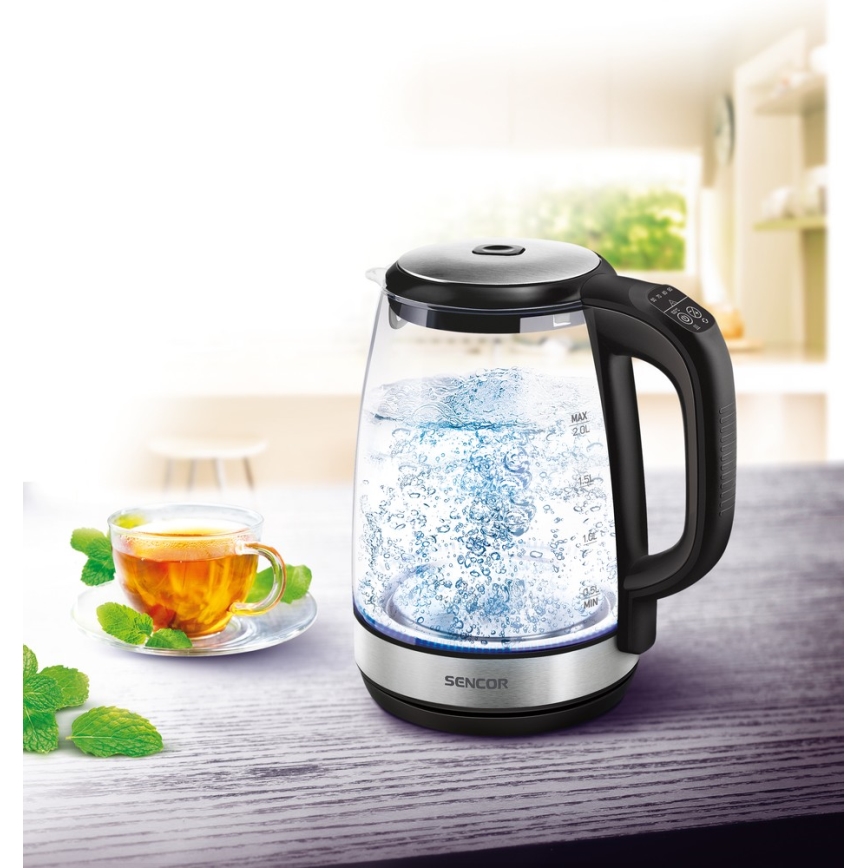 Sencor - Vattenkokare med termoreglering Data kontakt  LED bakgrundsbelyst 2 l 2200W/230V