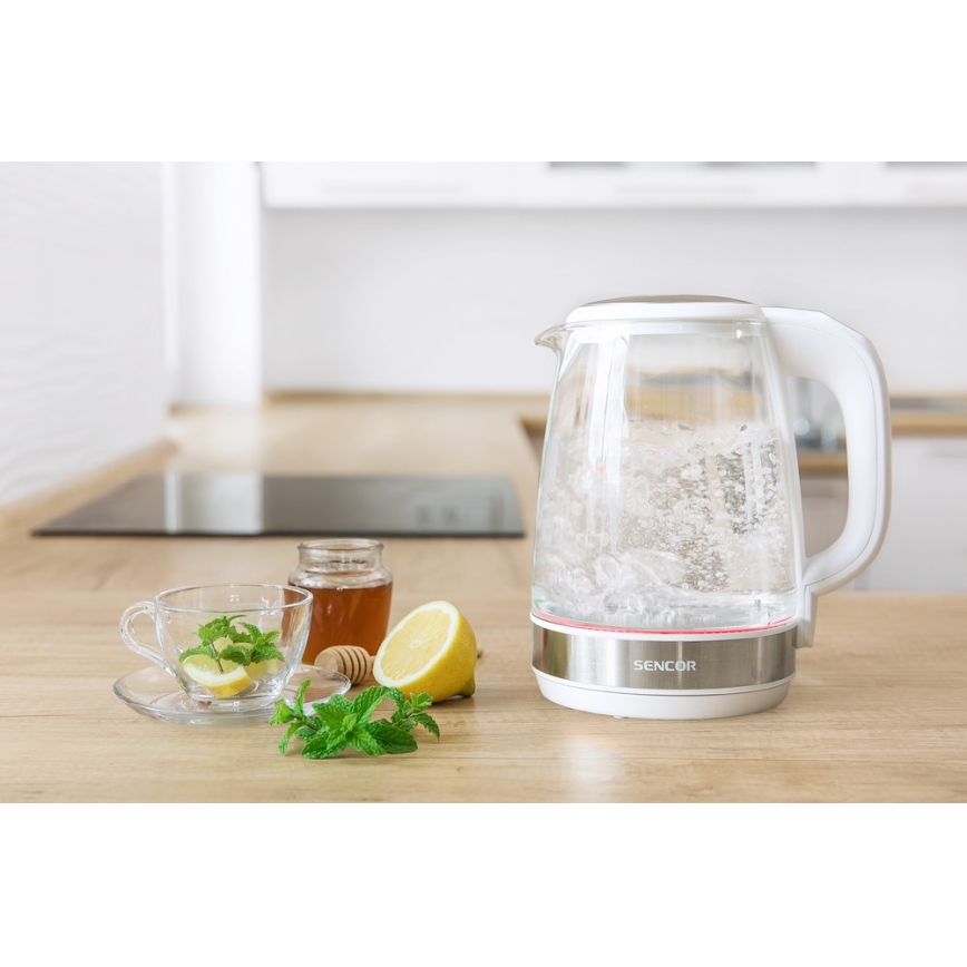 Sencor - Vattenkokare med termoreglering Data kontakt  LED bakgrundsbelyst 2 l 2200W/230V vit
