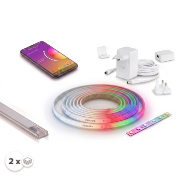 SET 1x dimbar LED RGBW-remsa Philips Hue WHITE AND COLOR AMBIANCE LED/20W/230V 2 m + 2x infälld profil 1 m silver/vit