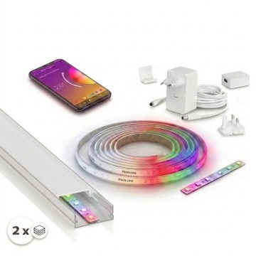 SET 1x dimbar LED RGBW-remsa Philips Hue WHITE AND COLOR AMBIANCE LED/20W/230V 2 m + 2x infällda profiler 1 m silver/vit