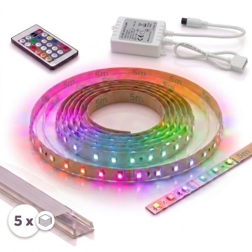 Set 1x dimbar RGBW LED-remsa DIGITAL 16,5 W/230 V, 5 m + 5x infälld LED-profil 1 m, silver/vit + fjärrkontroll