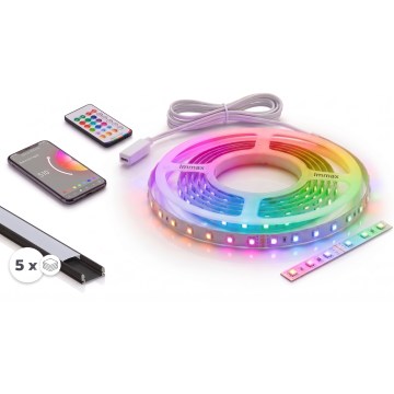 SET 1x dimbar RGBW LED-remsa NEO LITE MUSIC LED/24W/230V 5 m IP65 Wi-Fi Tuya + 5x infälld profil 1 m svart/vit + fjärrkontroll
