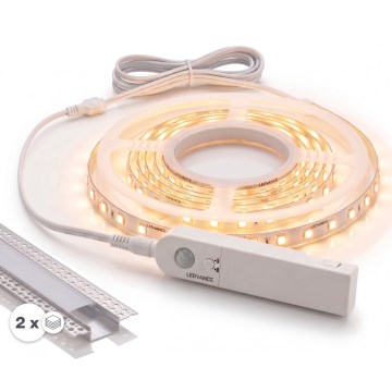 SET 1x LED-remsa med rörelsesensor FLEX LED/3,6W/4xAA 2 m + 2x infällningsprofil 1 m silver/vit