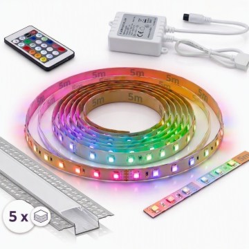 Set 1x LED RGBW dimbar remsa DIGITAL LED/16,5W/230V 5 m + 5x inbyggnadsprofil 1 m silver/vit + fjärrkontroll