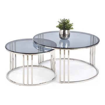 SET 2x Soffbord FELIPE Ø 60/80 cm blank krom/rökfärgat glas