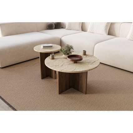 SET 2x soffbord PURO Ø 40/70 cm valnöt/travertin